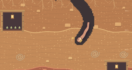 A pixel worm beneath a campsite, with a winding tunnel through a mine